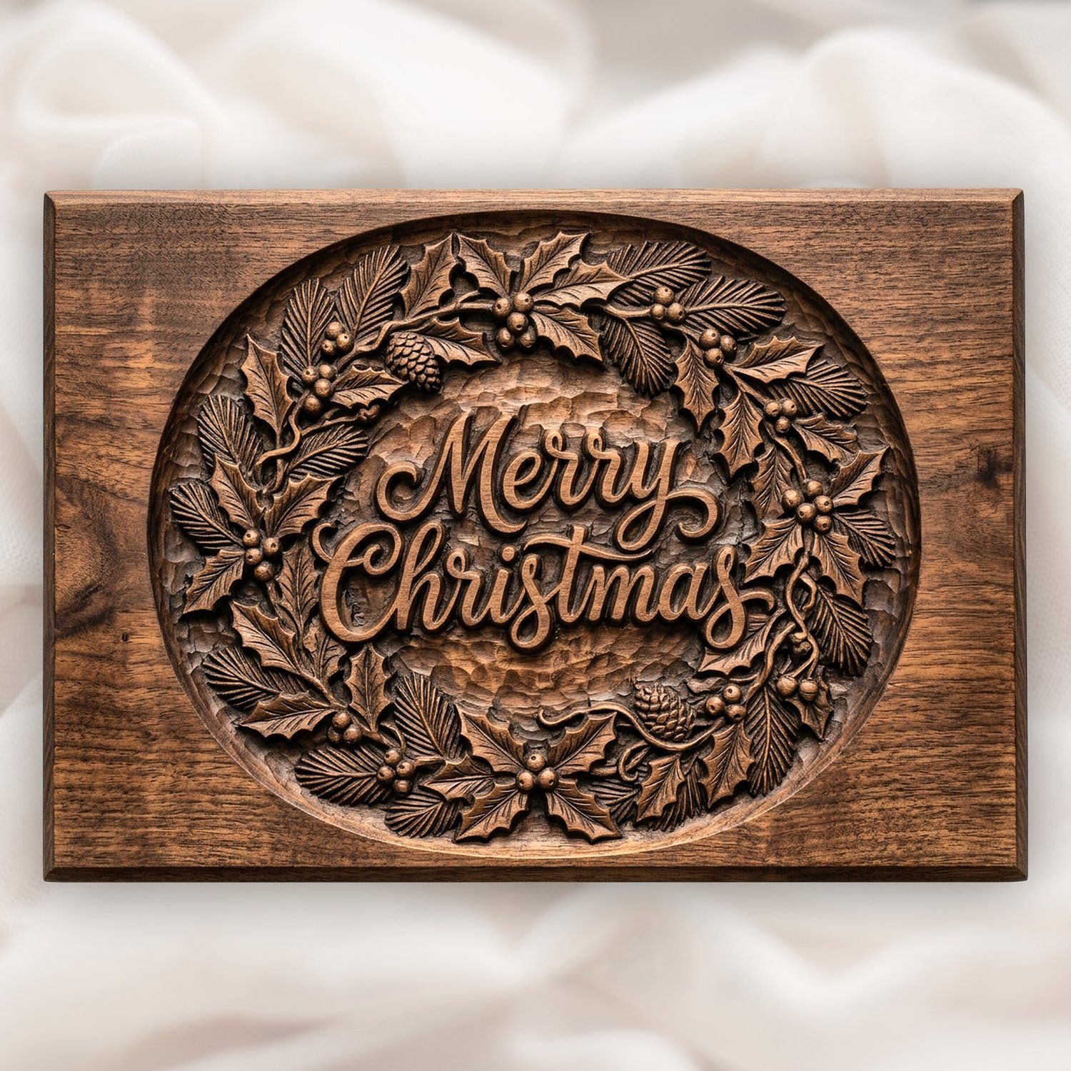 Merry Christmas Holly Wreath CNC Relief STL | Holiday Wood Carving Design | Festive Seasonal Wall Art — carved bas relief STL file for CNC