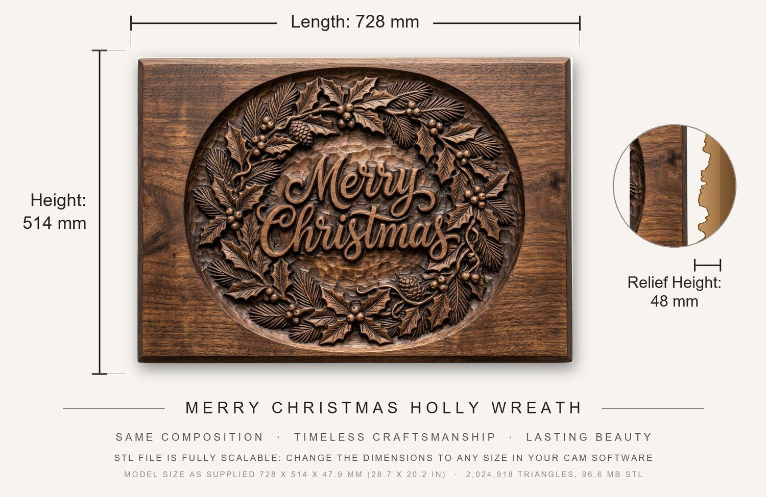 Merry Christmas Holly Wreath CNC Relief STL bas-relief STL — view 3