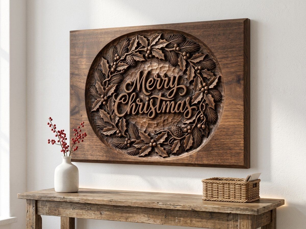 Merry Christmas Holly Wreath CNC Relief STL bas-relief STL — view 14