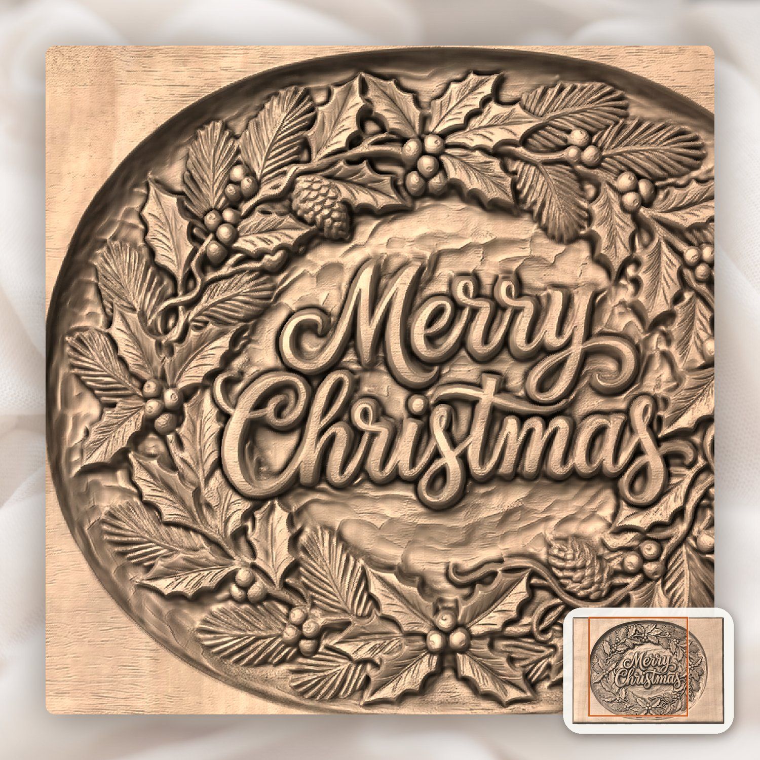 Merry Christmas Holly Wreath CNC Relief STL bas-relief STL — view 7