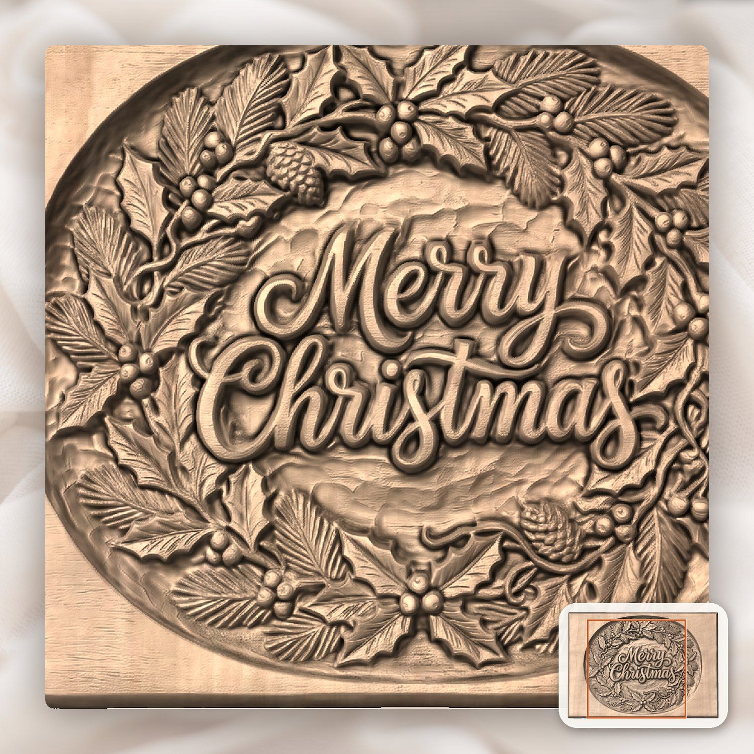 Merry Christmas Holly Wreath CNC Relief STL bas-relief STL — view 9