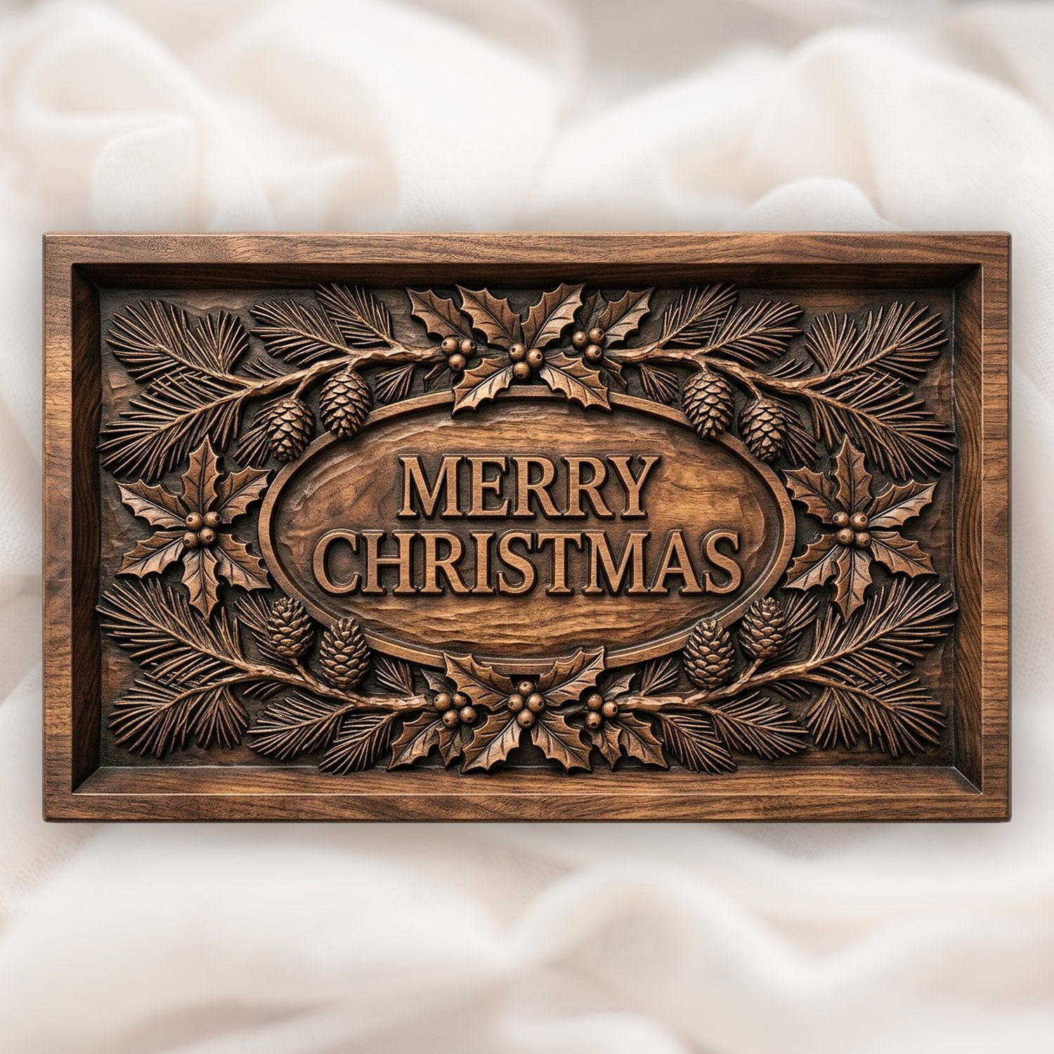 Merry Christmas Ornate Holiday Plaque CNC Relief STL | Pine and Holly Wood Carving Design | Festive Seasonal Wall Art Decor — carved bas relief STL file for CNC