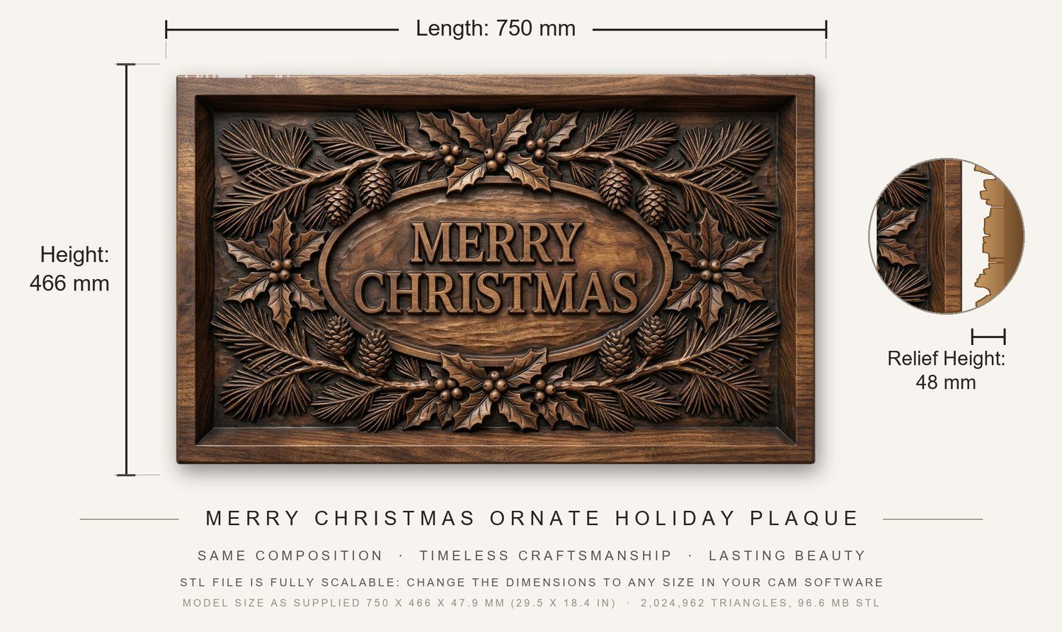 Merry Christmas Ornate Holiday Plaque CNC Relief STL bas-relief STL — view 3