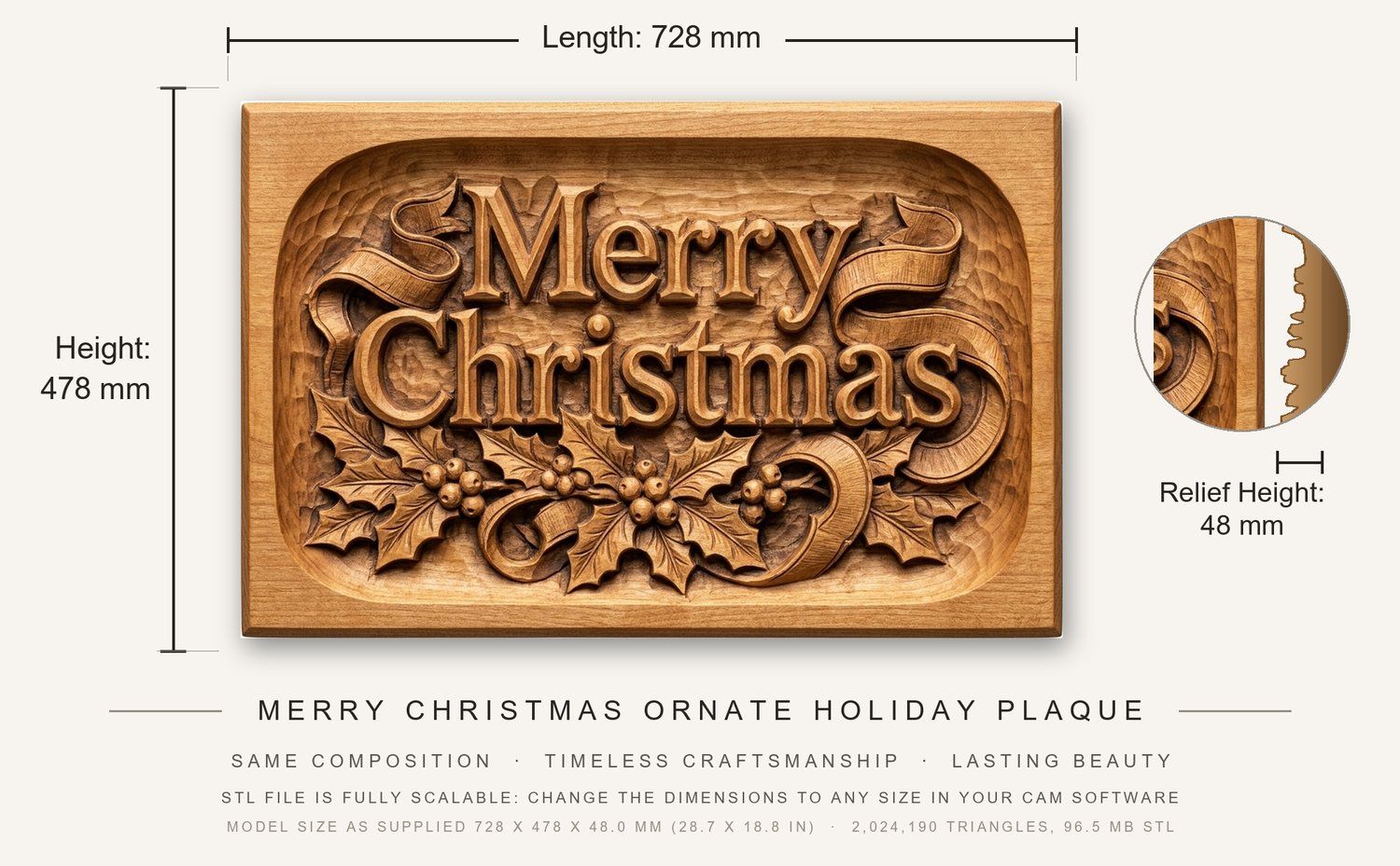 Merry Christmas Ornate Holiday Plaque CNC Relief STL bas-relief STL — view 3