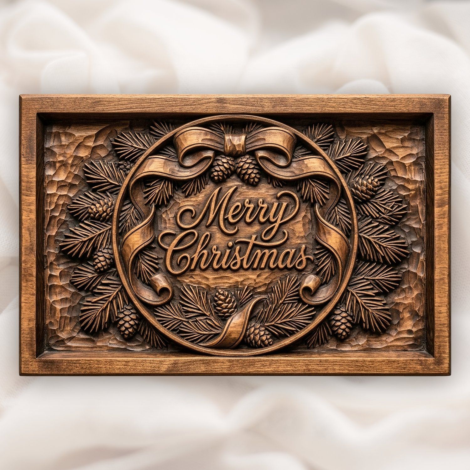 Merry Christmas Pinecone CNC Relief STL | Holiday Wood Carving Design | Ornate Winter Wall Art Decor — carved bas relief STL file for CNC