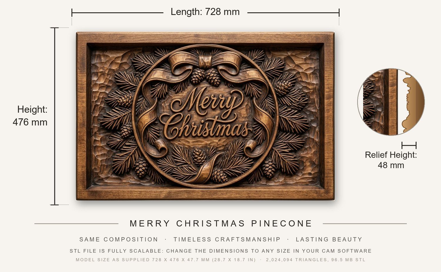 Merry Christmas Pinecone CNC Relief STL bas-relief STL — view 3