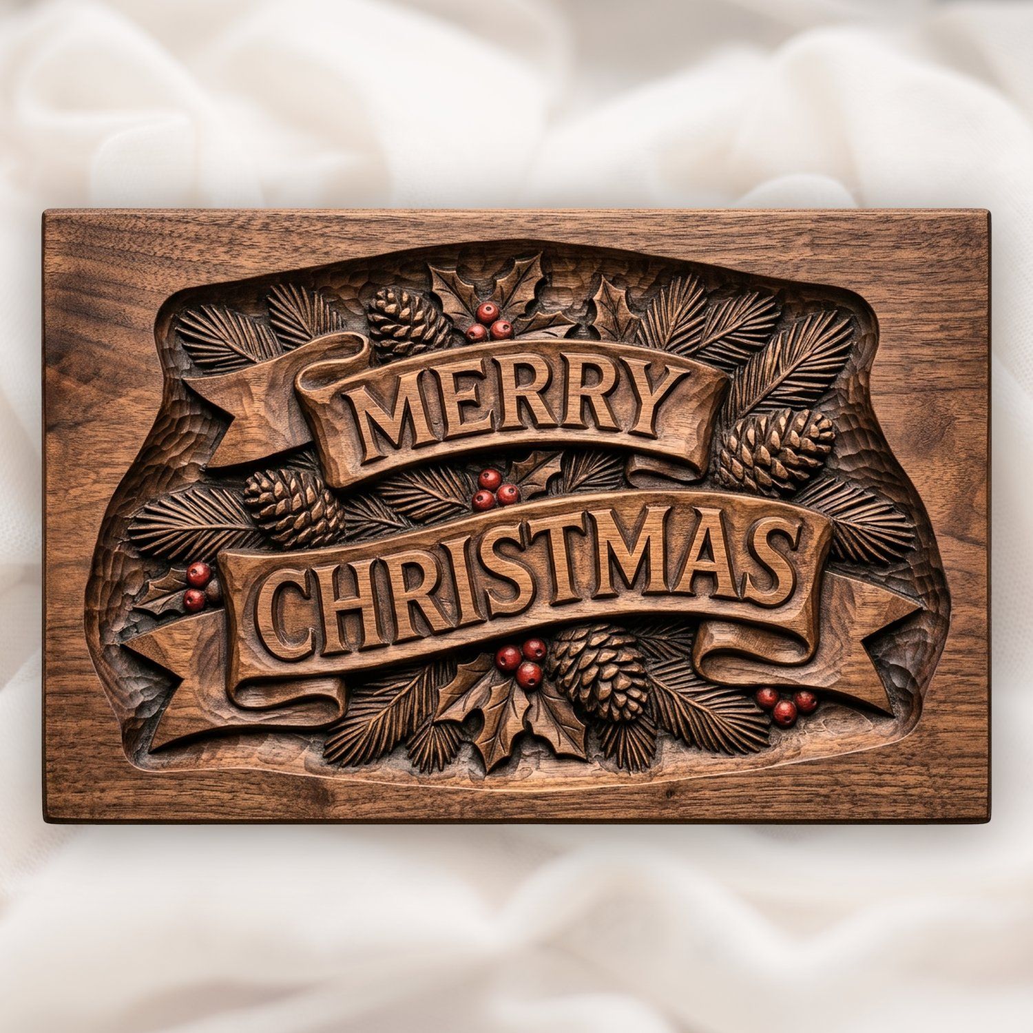 Merry Christmas Plaque CNC Relief STL | Festive Holiday Wall Art | Ornate Winter Pine Wood Carving Design — carved bas relief STL file for CNC