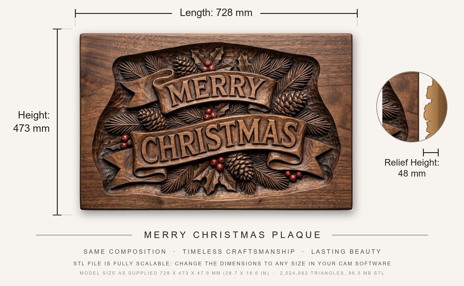 Merry Christmas Plaque CNC Relief STL bas-relief STL — view 3