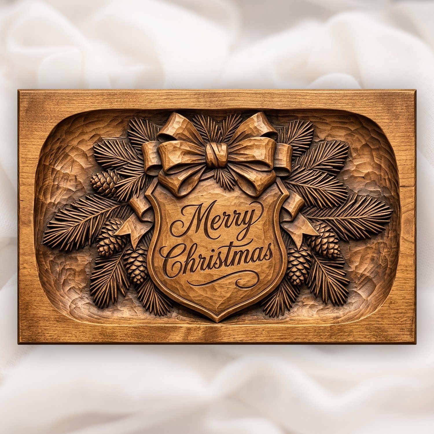 Merry Christmas Plaque CNC Relief STL | Holiday Ribbon Pine Wall Art | Rustic Wood Carving Design — carved bas relief STL file for CNC