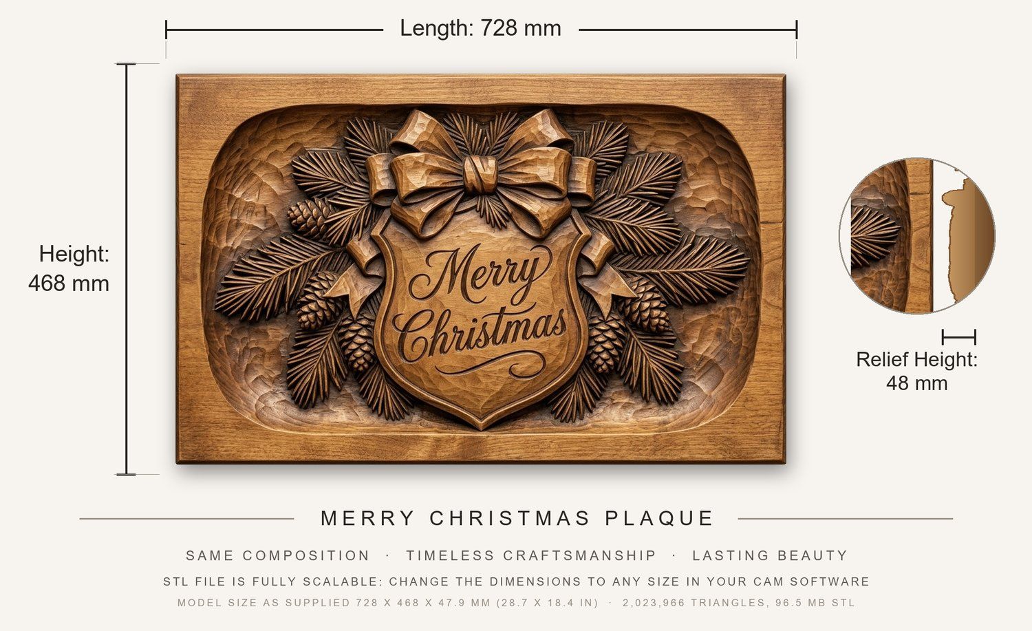 Merry Christmas Plaque CNC Relief STL bas-relief STL — view 3