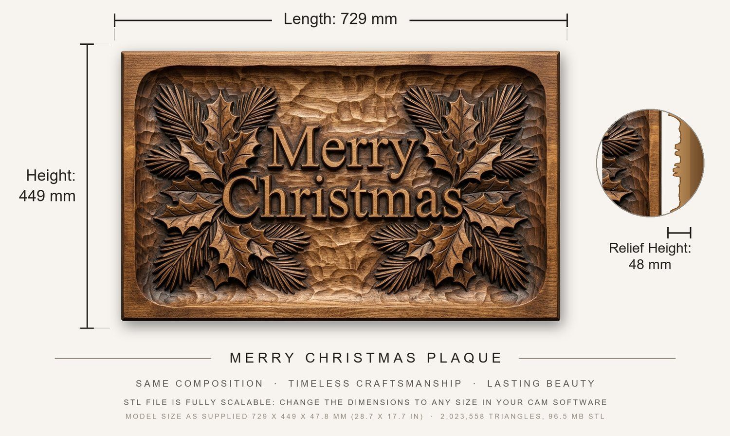 Merry Christmas Plaque CNC Relief STL bas-relief STL — view 3