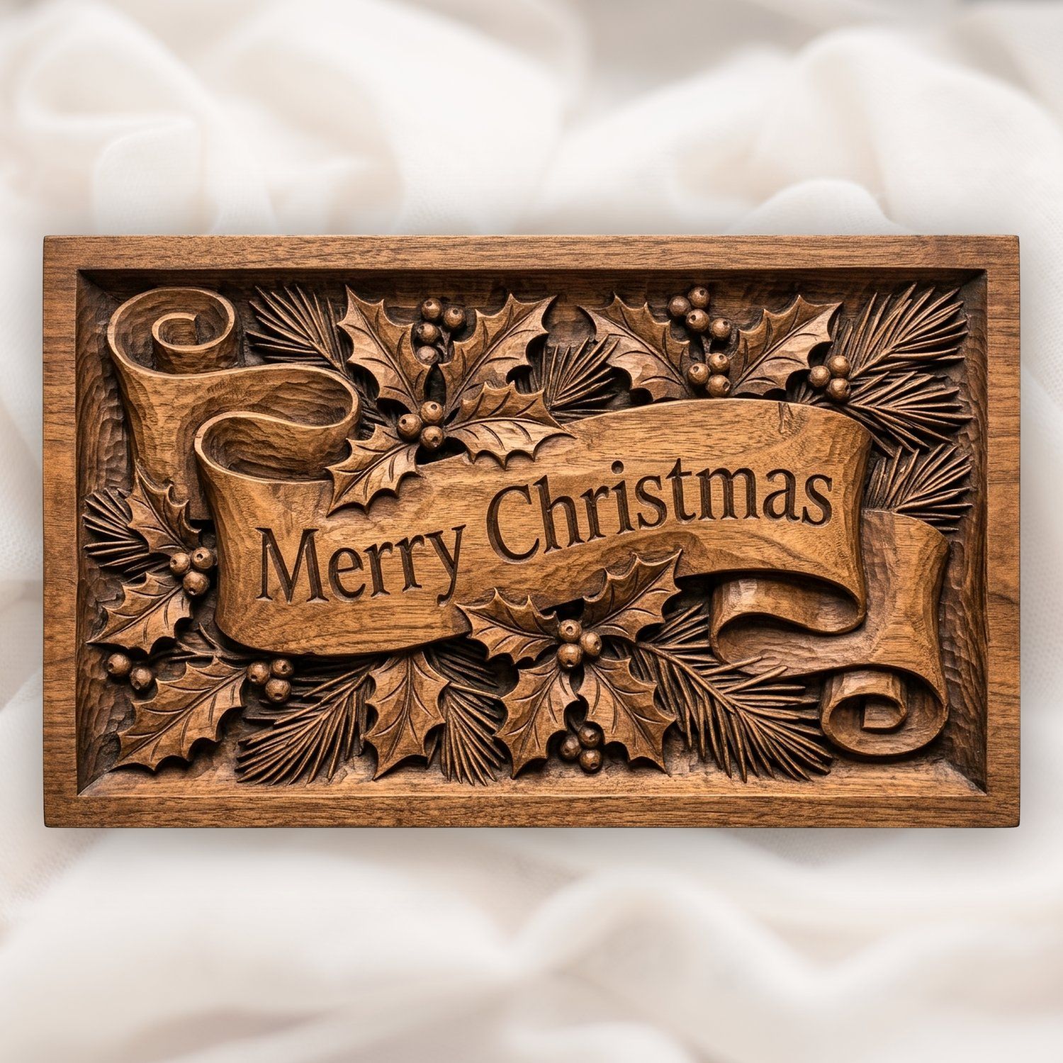 Merry Christmas Plaque CNC Relief STL | Holiday Wood Carving Design | Victorian Pine Scroll Wall Art — carved bas relief STL file for CNC