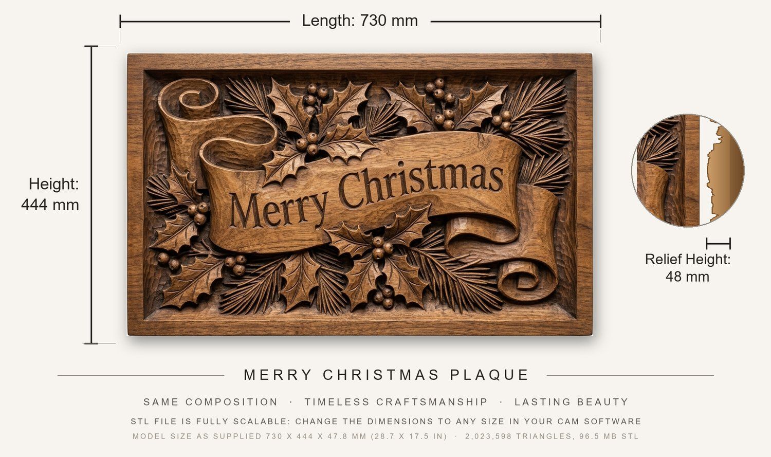 Merry Christmas Plaque CNC Relief STL bas-relief STL — view 3
