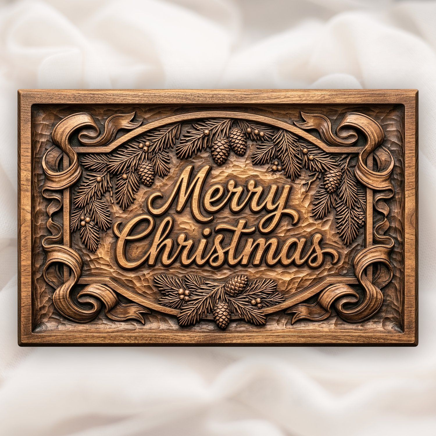 Merry Christmas Plaque CNC Relief STL | Pinecone Ribbon Scrollwork Wall Art | Holiday Wood Carving Design — carved bas relief STL file for CNC