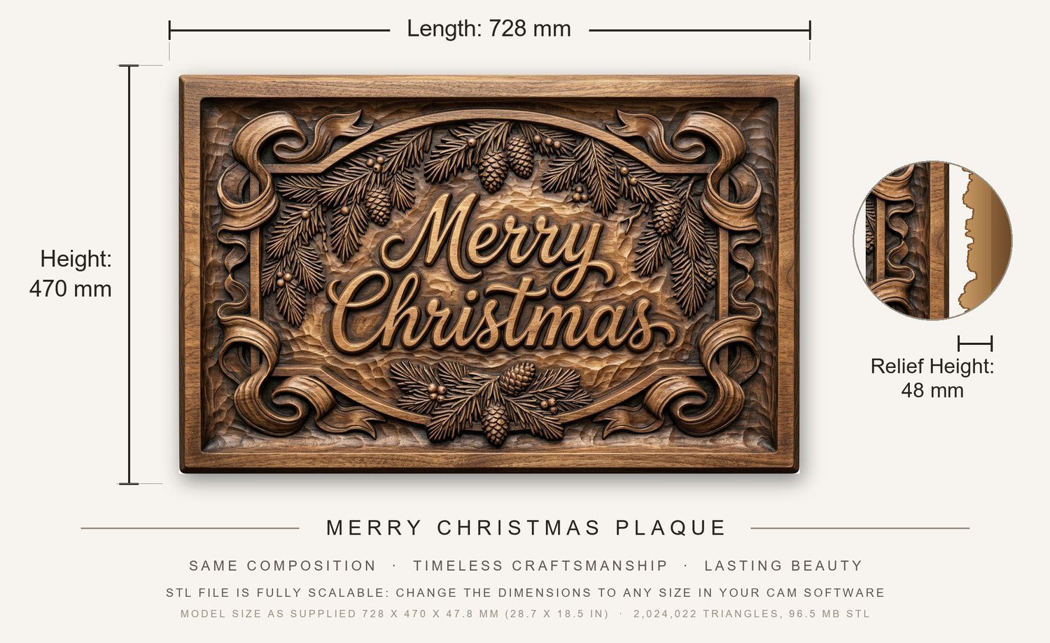Merry Christmas Plaque CNC Relief STL bas-relief STL — view 3