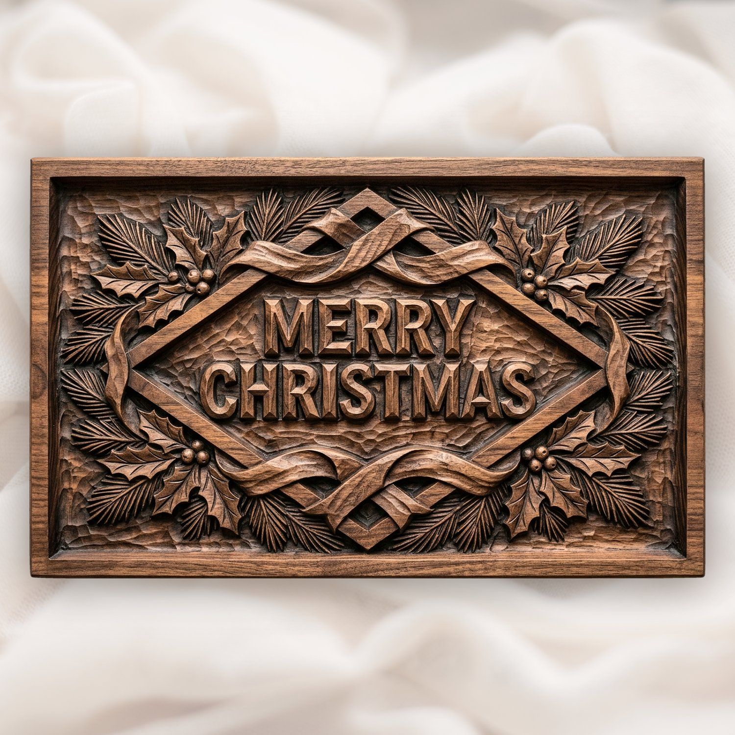 Merry Christmas Plaque CNC Relief STL | Traditional Holly and Pine Wood Carving Design | Festive Seasonal Home Decor Panel — carved bas relief STL file for CNC