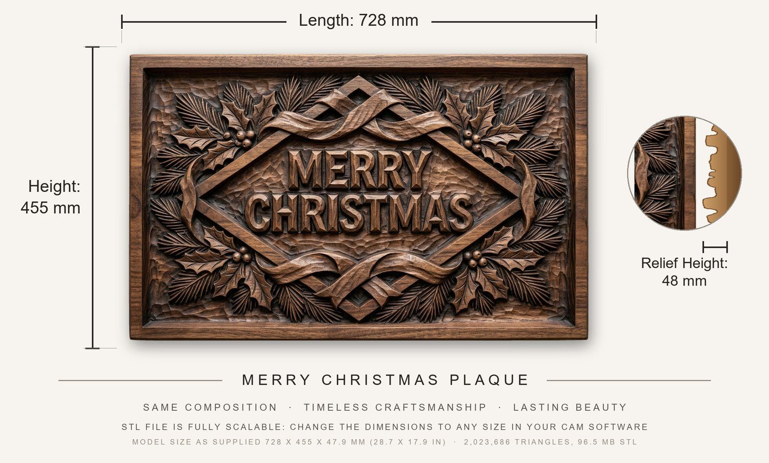 Merry Christmas Plaque CNC Relief STL bas-relief STL — view 3