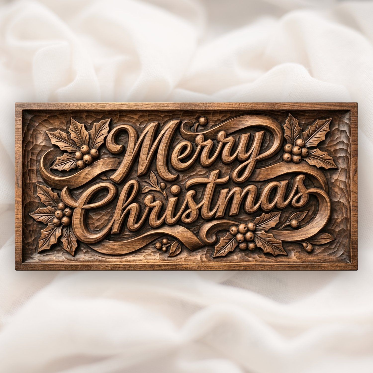 Merry Christmas Ribbon Scroll Plaque CNC Relief STL | Ornate Holly Wood Carving Design | Holiday Wall Decor Panel — carved bas relief STL file for CNC