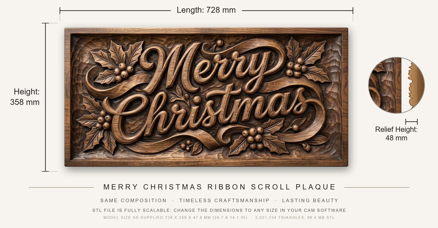 Merry Christmas Ribbon Scroll Plaque CNC Relief STL bas-relief STL — view 3