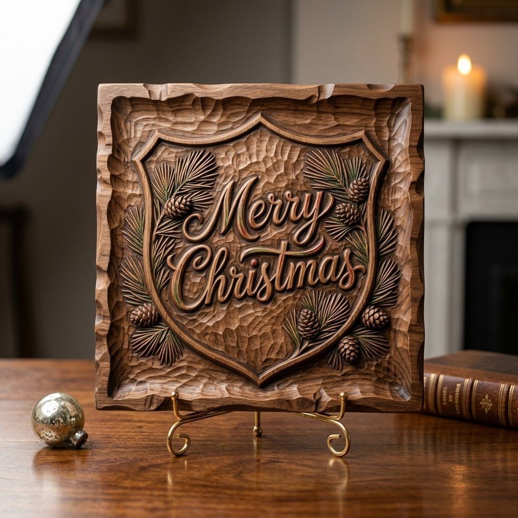 Merry Christmas Shield CNC Relief STL bas-relief STL — view 3