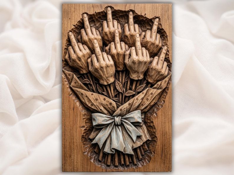 Wood bas-relief carving of a bouquet made from middle finger hands tied with a ribbon bow