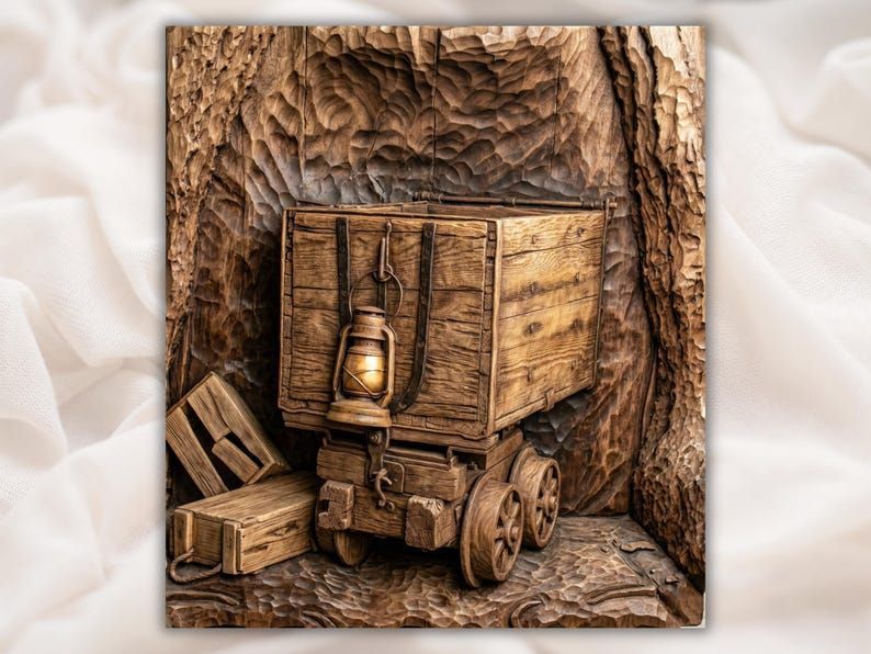 Bas-relief wood carving of an old mining ore cart with a hanging lantern inside a rocky mine tunnel.