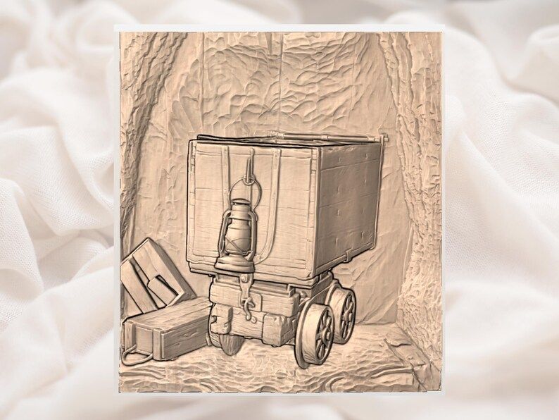 Old Mining Cart and Lantern Bas-Relief STL Wall Art bas-relief STL — view 2