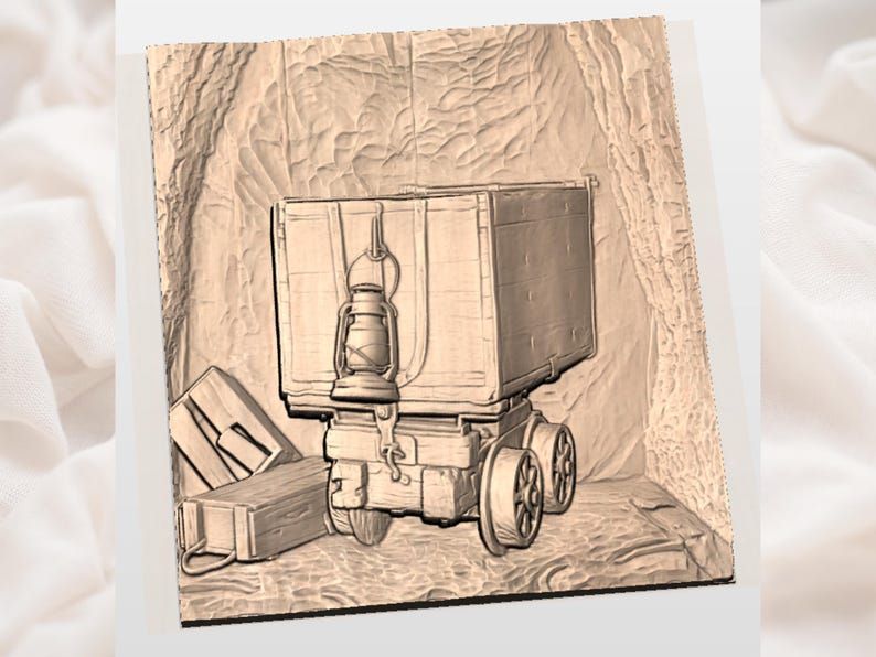 Old Mining Cart and Lantern Bas-Relief STL Wall Art bas-relief STL — view 3