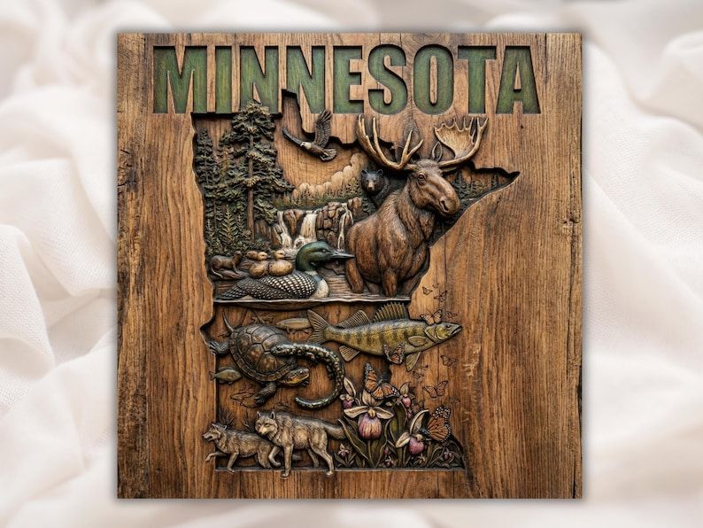 Minnesota state map relief carving with moose, loon, walleye, wolves, turtle and lady slipper flowers in wood
