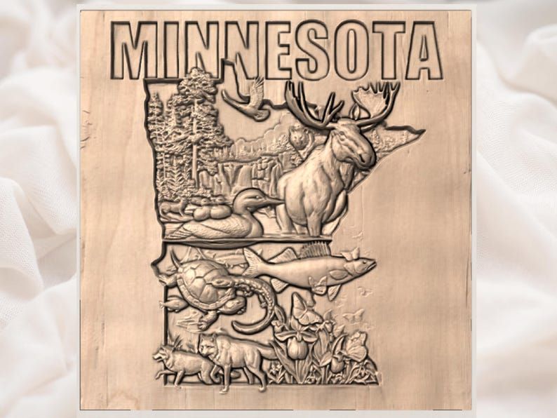 Minnesota Wildlife Map Relief: Moose, Loon, Walleye STL bas-relief STL — view 2