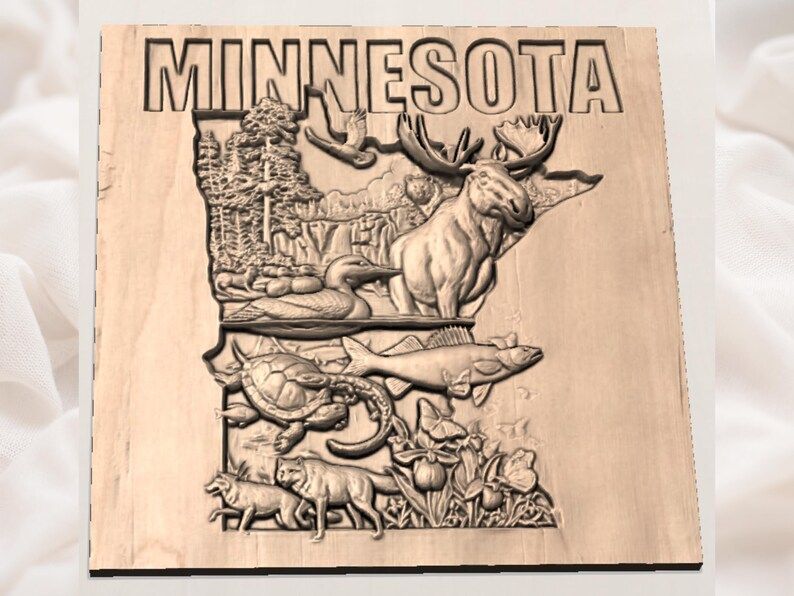Minnesota Wildlife Map Relief: Moose, Loon, Walleye STL bas-relief STL — view 3