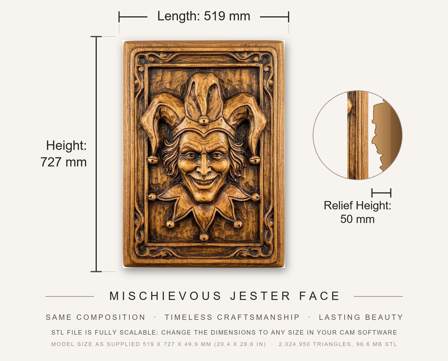 Mischievous Jester Face CNC Relief STL bas-relief STL — view 3