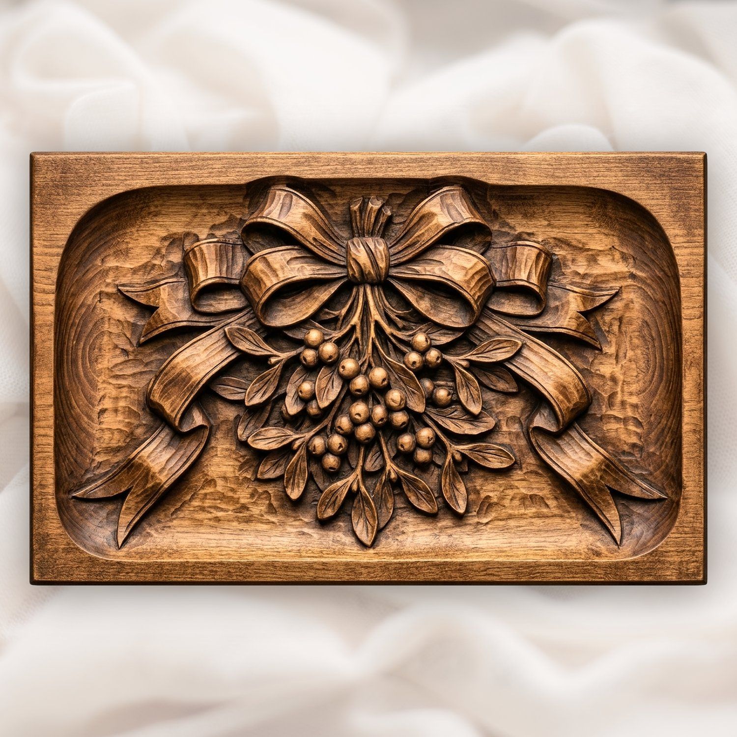 Mistletoe Ribbon Bow Kissing Ball Ornaments CNC Relief STL | Christmas Wood Carving Design | Festive Holiday Decor — carved bas relief STL file for CNC