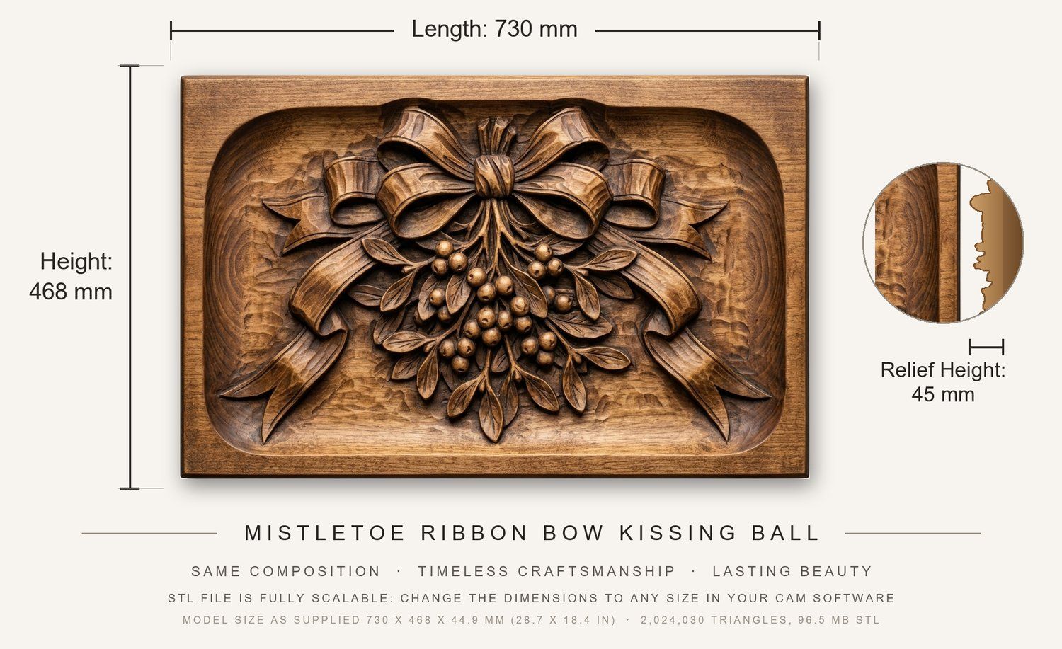 Mistletoe Ribbon Bow Kissing Ball Ornaments CNC Relief STL bas-relief STL — view 3
