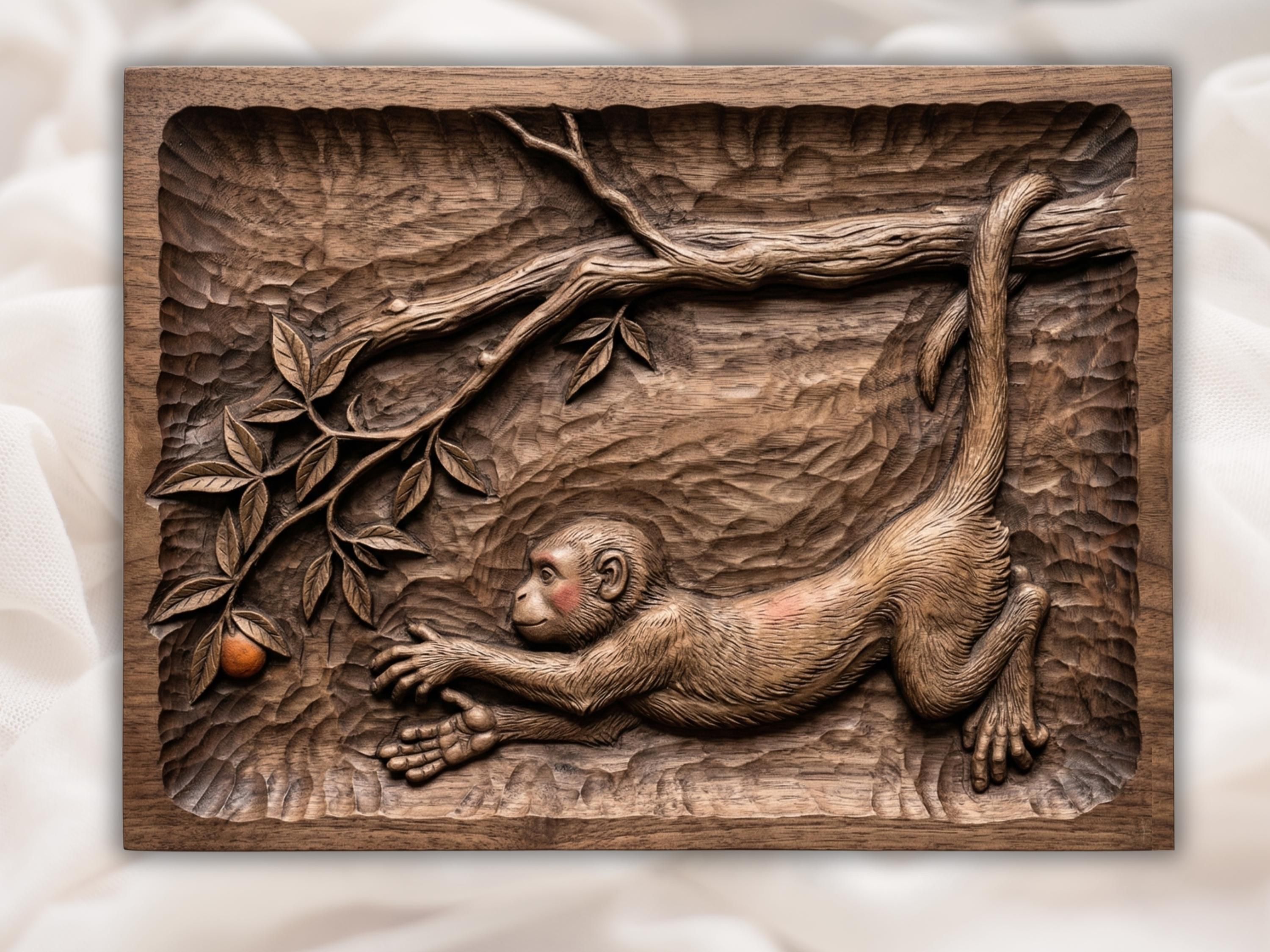 Bas-relief wood carving of a monkey stretched along a tree branch reaching toward hanging fruit and leaves