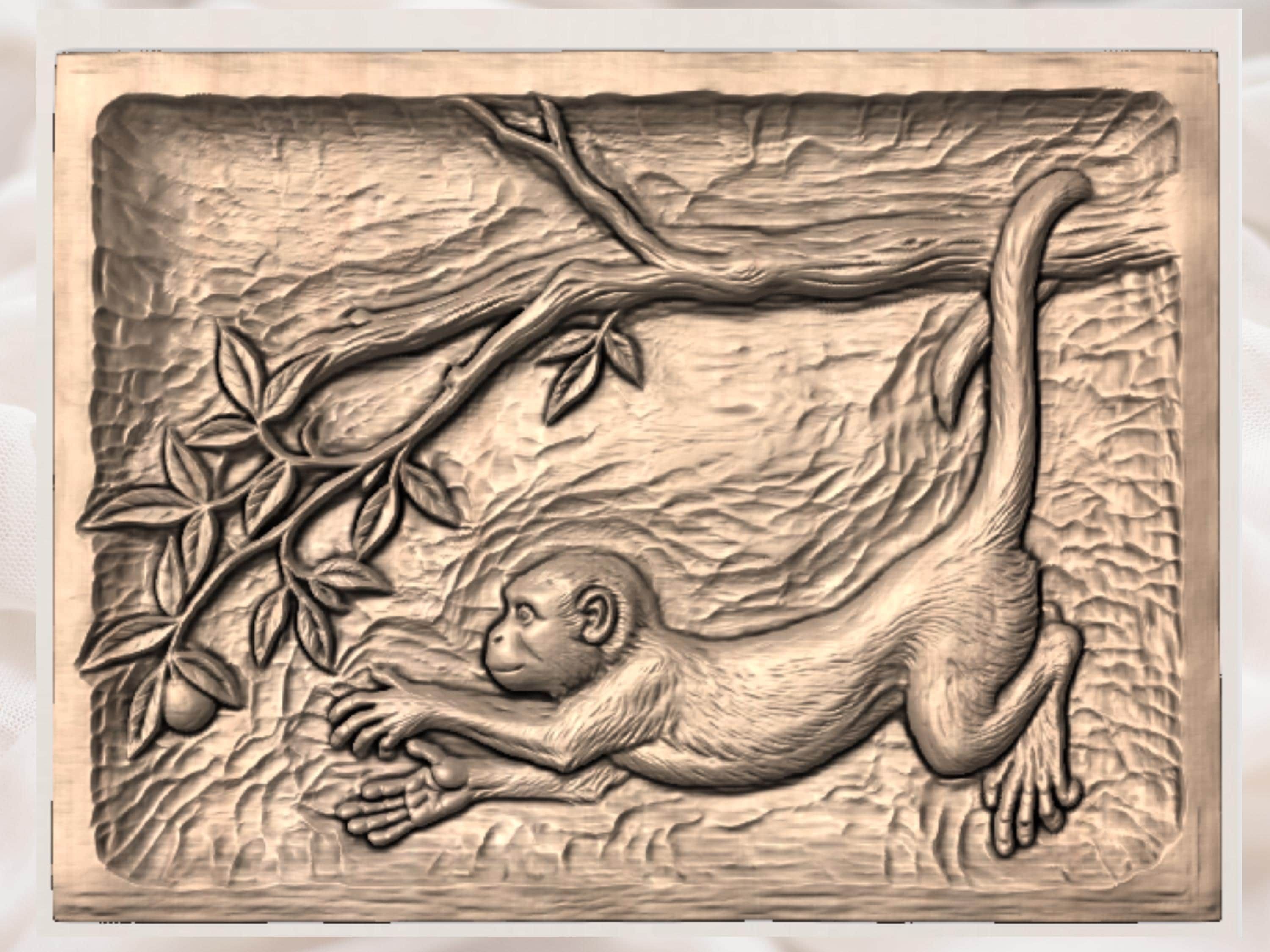 Monkey Reaching Along a Branch Bas-Relief STL Panel bas-relief STL — view 2