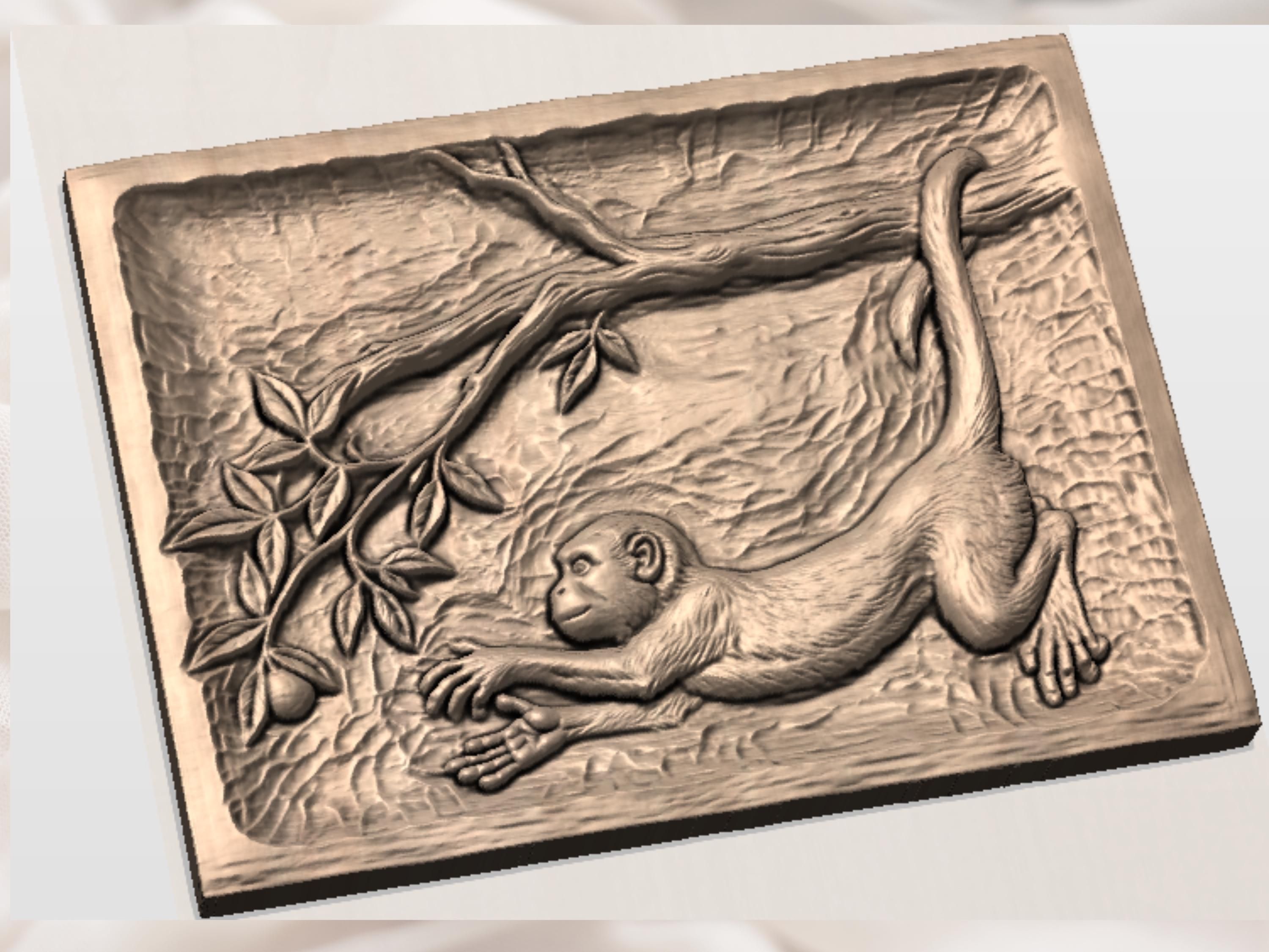 Monkey Reaching Along a Branch Bas-Relief STL Panel bas-relief STL — view 3