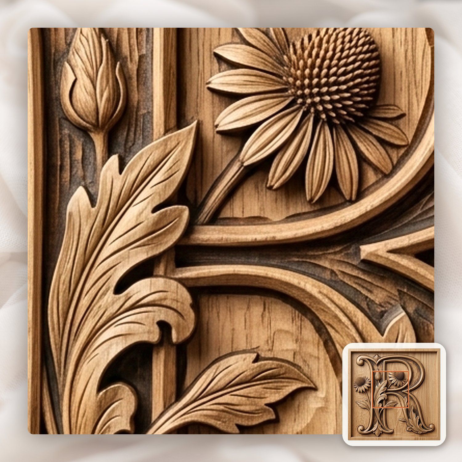 Monogram Letter R Floral CNC Relief STL bas-relief STL — view 9