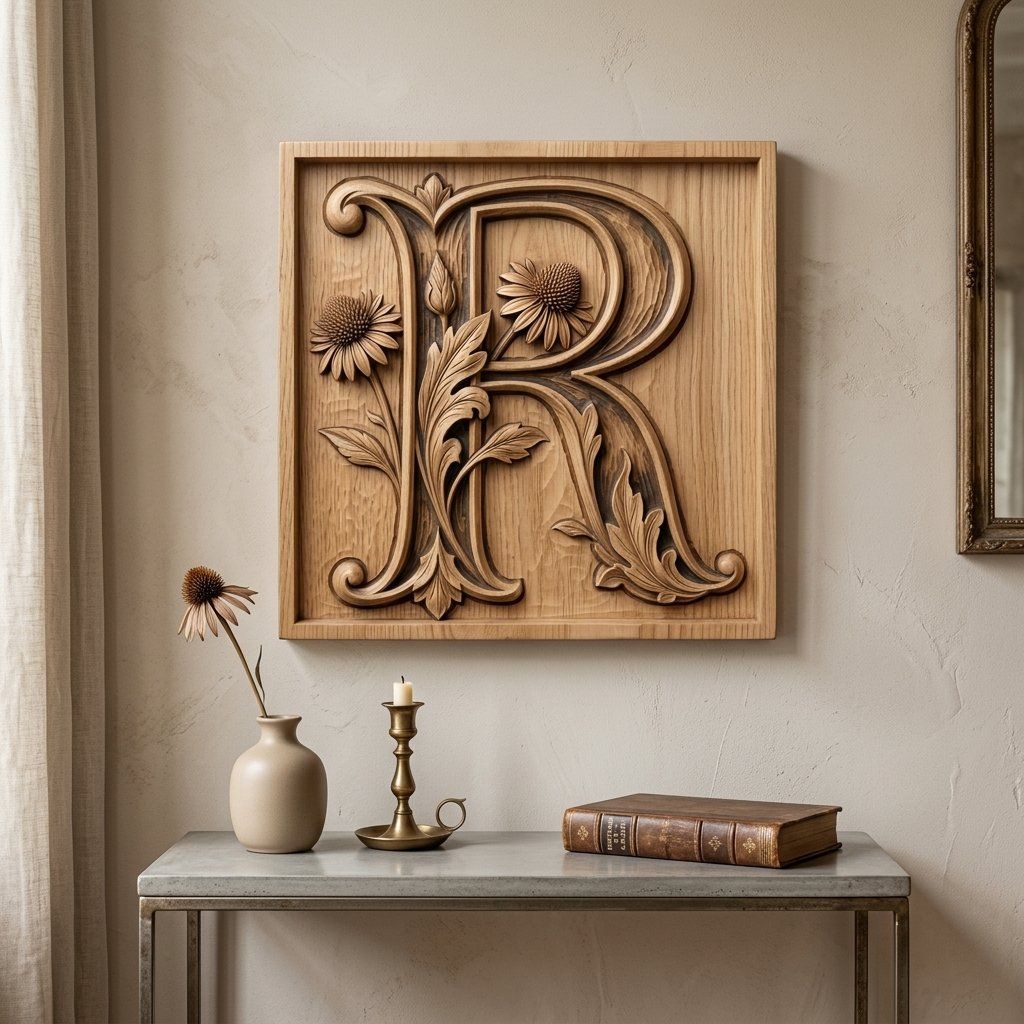 Monogram Letter R Floral CNC Relief STL bas-relief STL — view 12