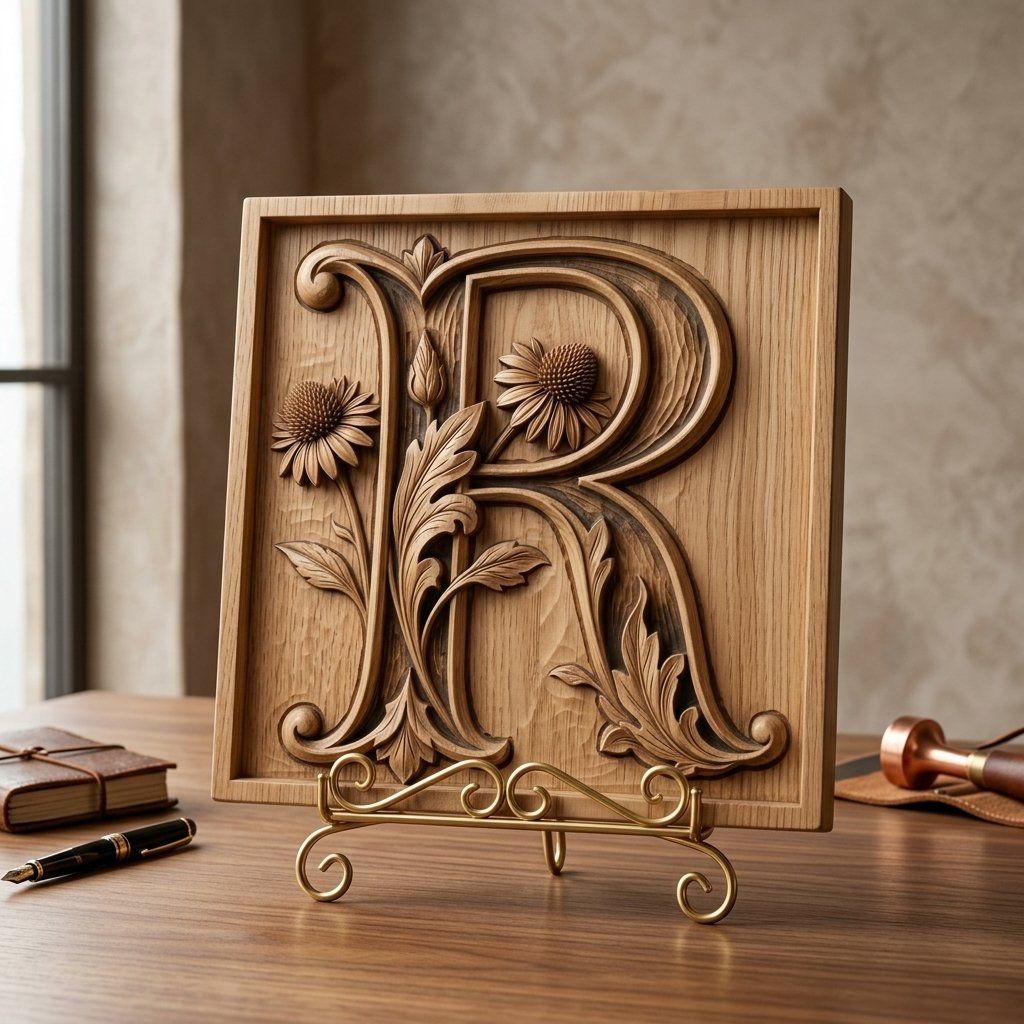 Monogram Letter R Floral CNC Relief STL bas-relief STL — view 13