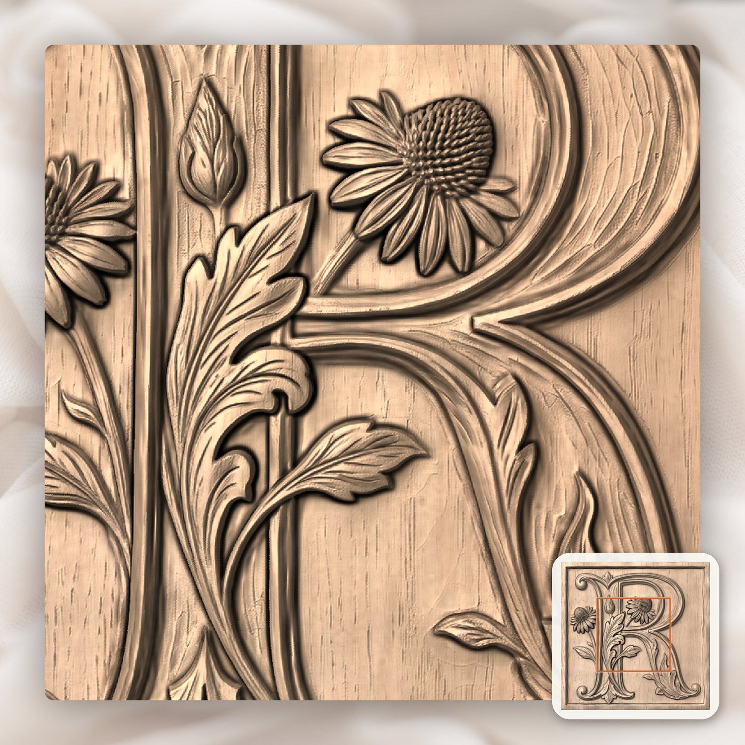 Monogram Letter R Floral CNC Relief STL bas-relief STL — view 4