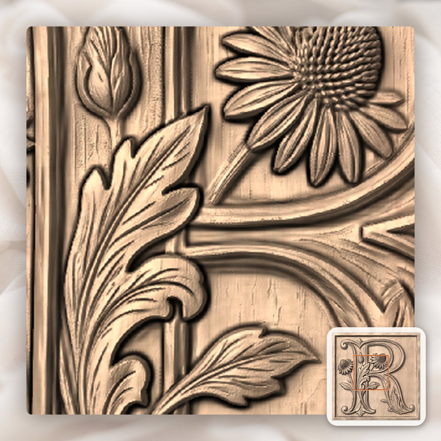 Monogram Letter R Floral CNC Relief STL bas-relief STL — view 5