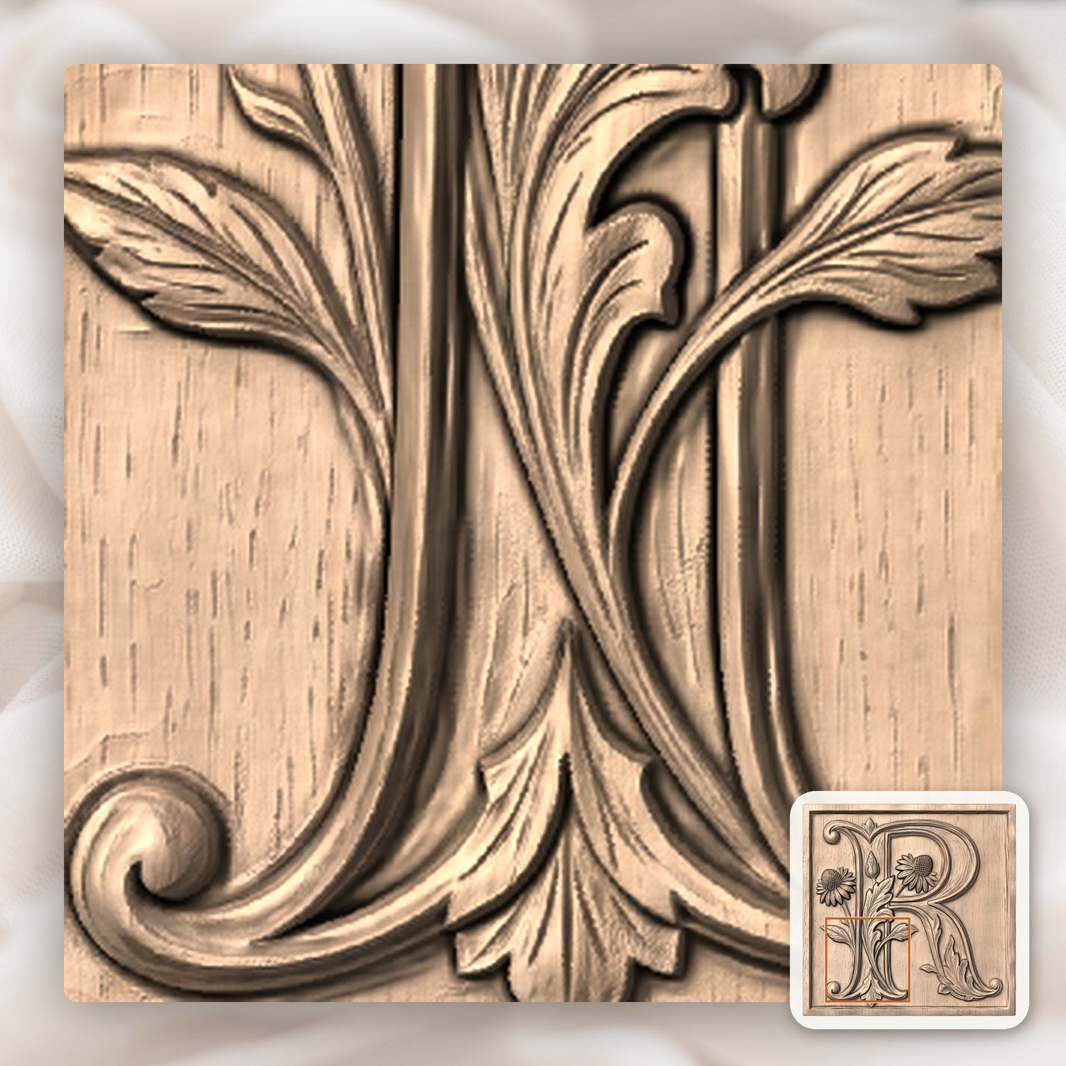 Monogram Letter R Floral CNC Relief STL bas-relief STL — view 6