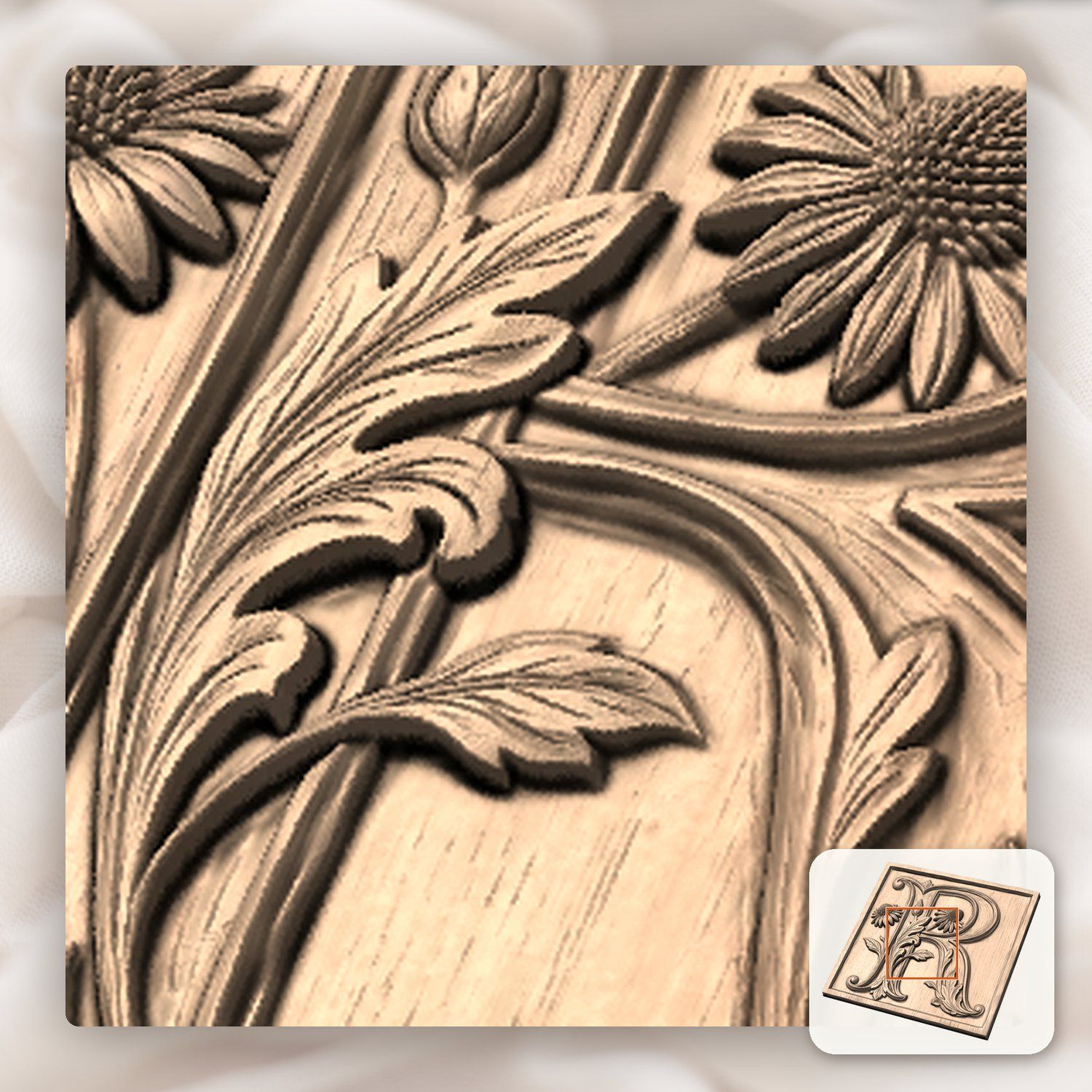 Monogram Letter R Floral CNC Relief STL bas-relief STL — view 7