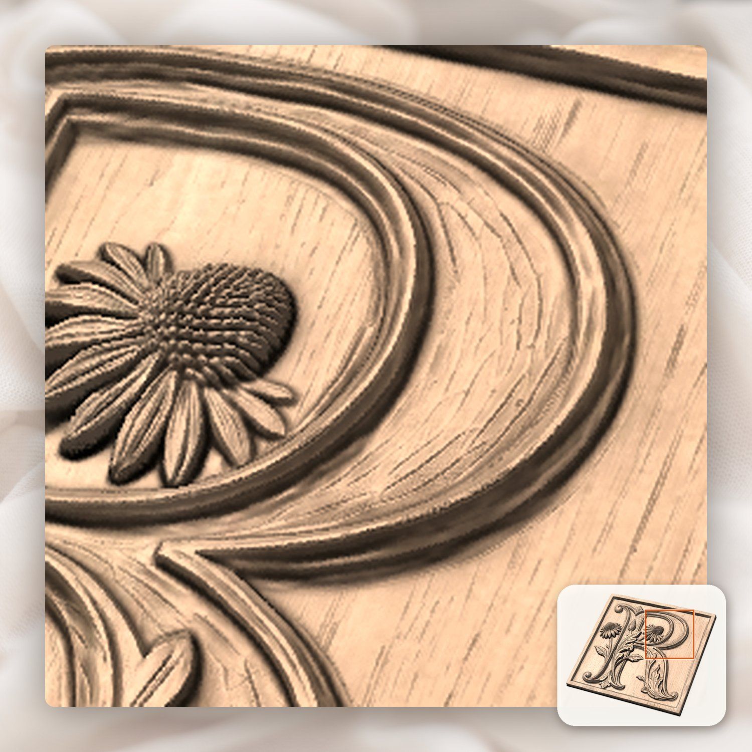 Monogram Letter R Floral CNC Relief STL bas-relief STL — view 8