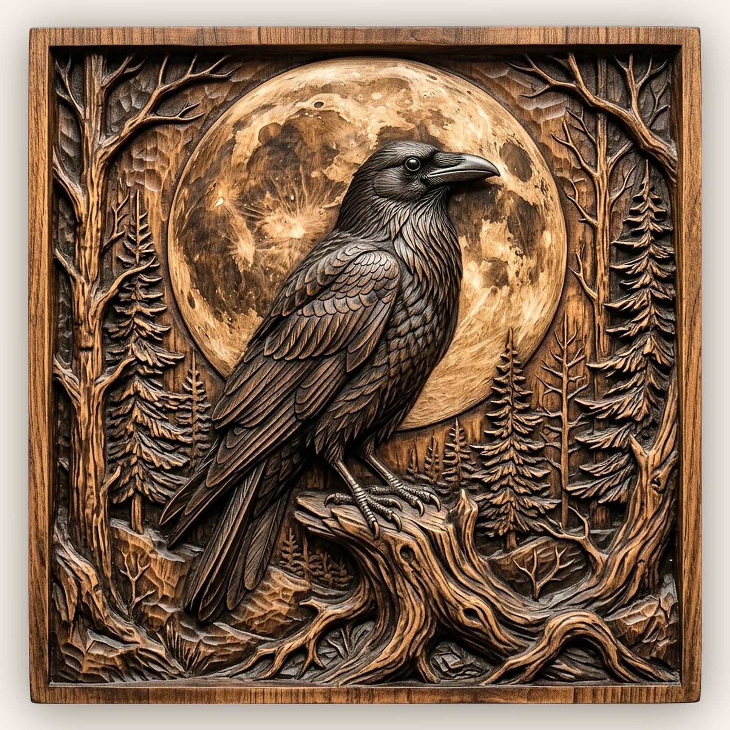 Moonlight Raven Forest Scene CNC Relief STL bas-relief STL design