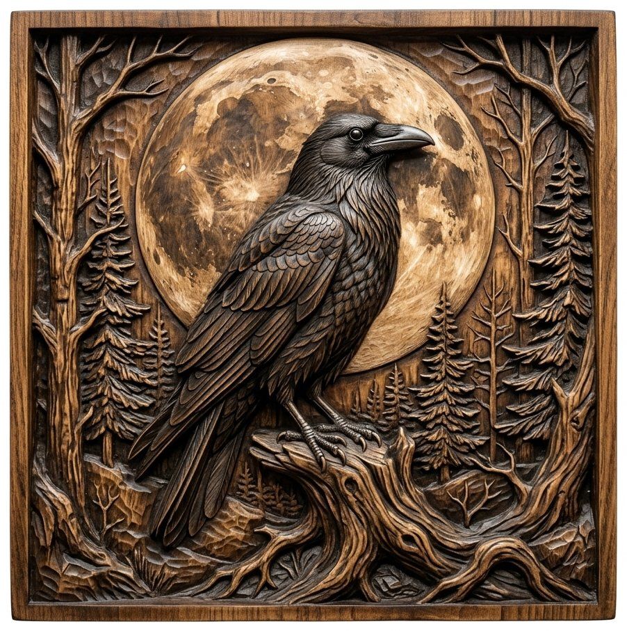 Moonlight Raven Forest Scene CNC Relief STL bas-relief STL — view 12