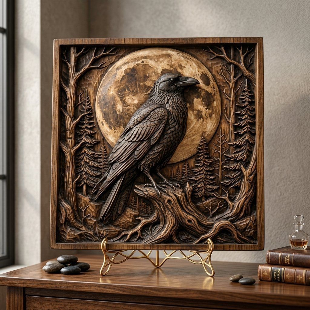 Moonlight Raven Forest Scene CNC Relief STL bas-relief STL — view 14