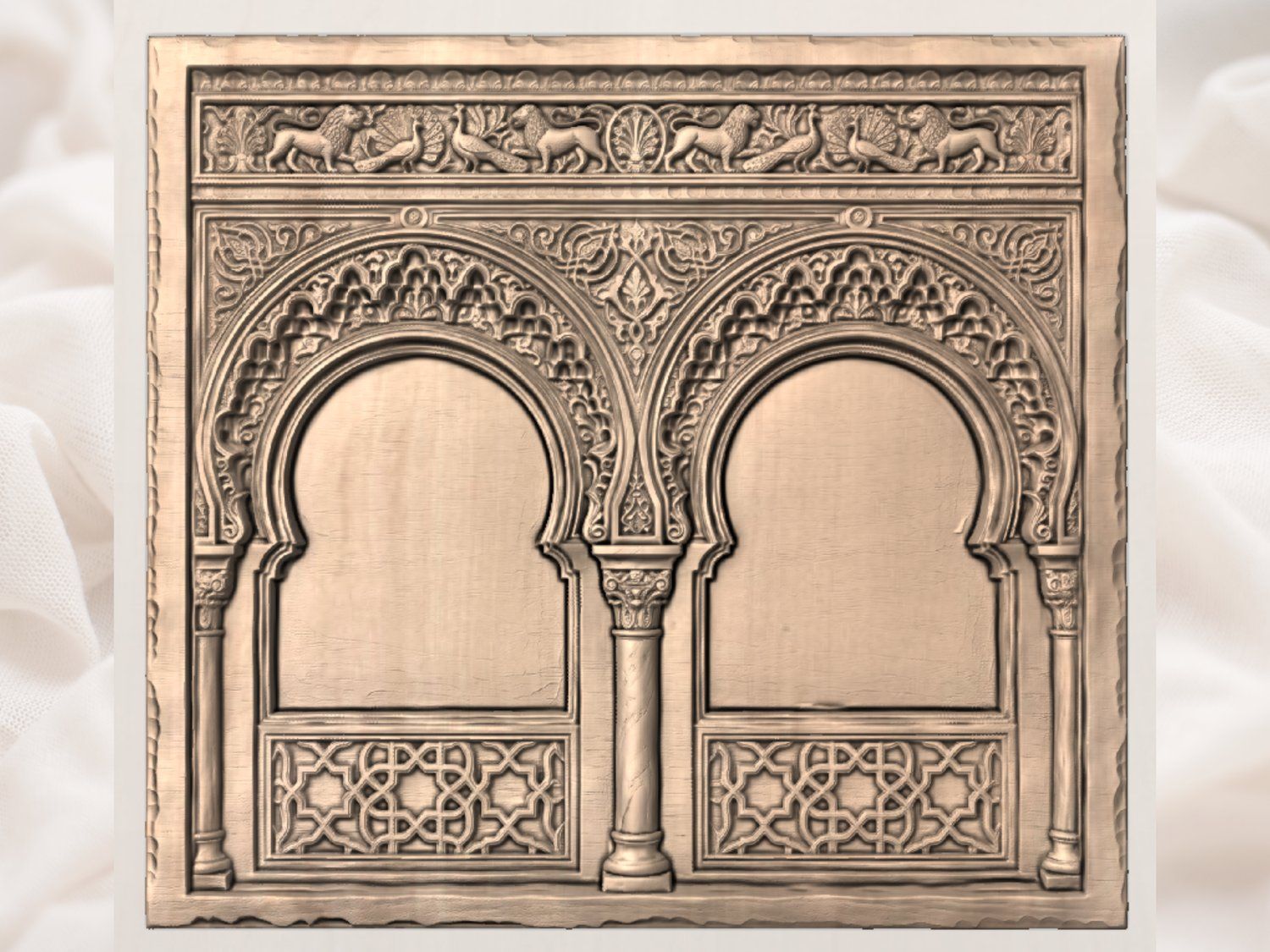 Moorish Alhambra Double Arch Lions and Peacocks CNC Relief STL bas-relief STL — view 3
