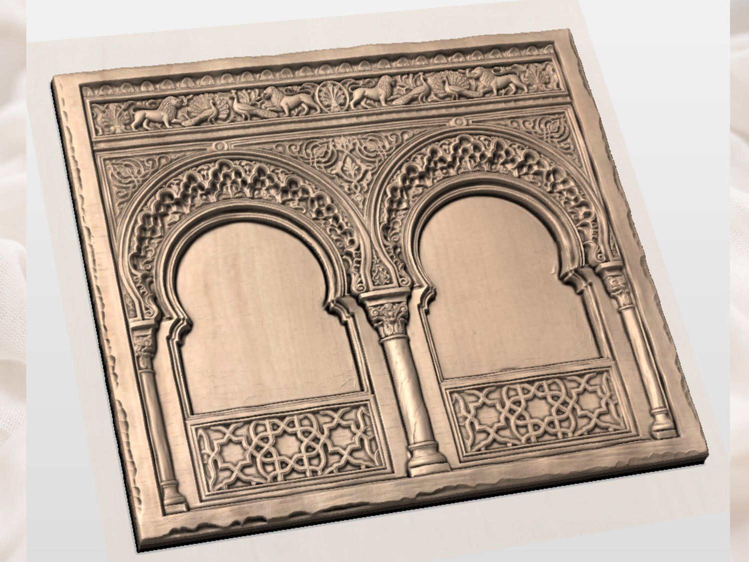 Moorish Alhambra Double Arch Lions and Peacocks CNC Relief STL bas-relief STL — view 4